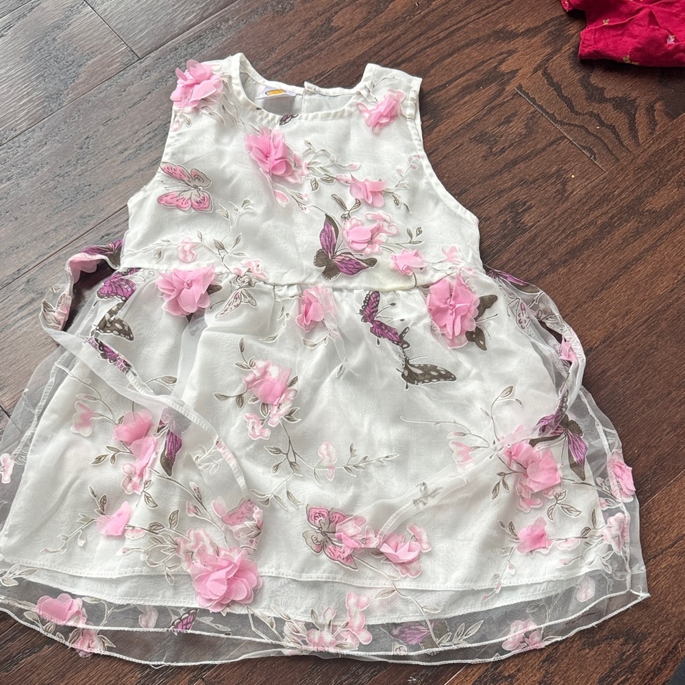 Mud Kingdom White Dress with Pink Floral Appliqué